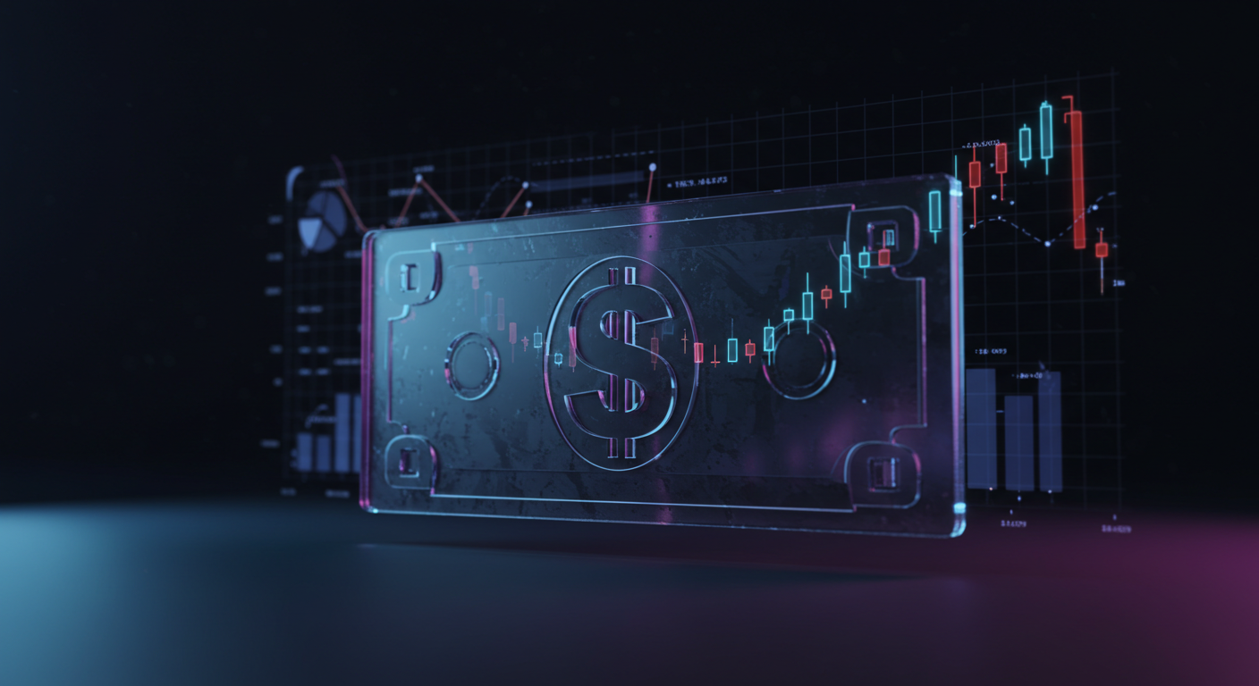 Transparent safe with a dollar sign, glowing neon blue and pink over a digital stock chart background.