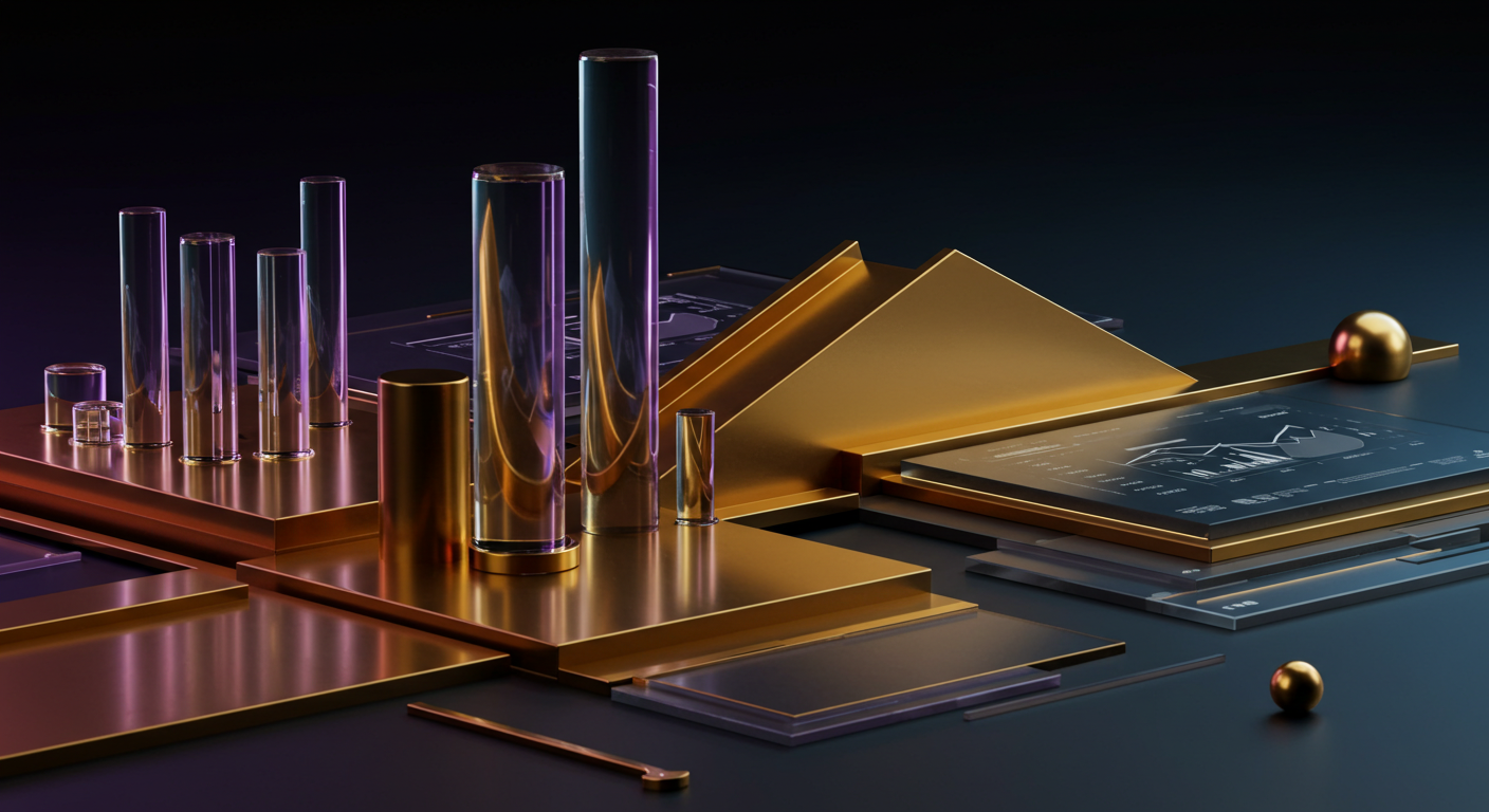 Abstract still life with gold and glass cylinders on metallic platforms against a dark gradient background.