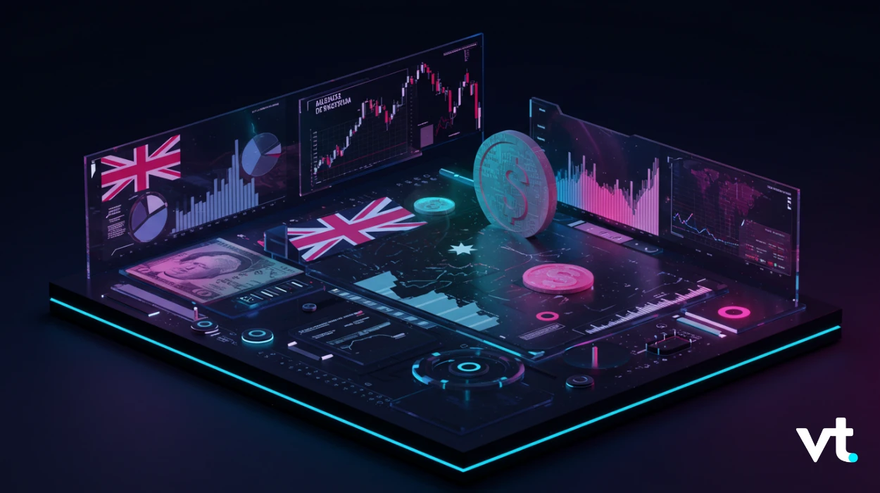 Isometric trading console with holographic charts and currency icons (UK flag, coins) on a glowing platform with neon accents.