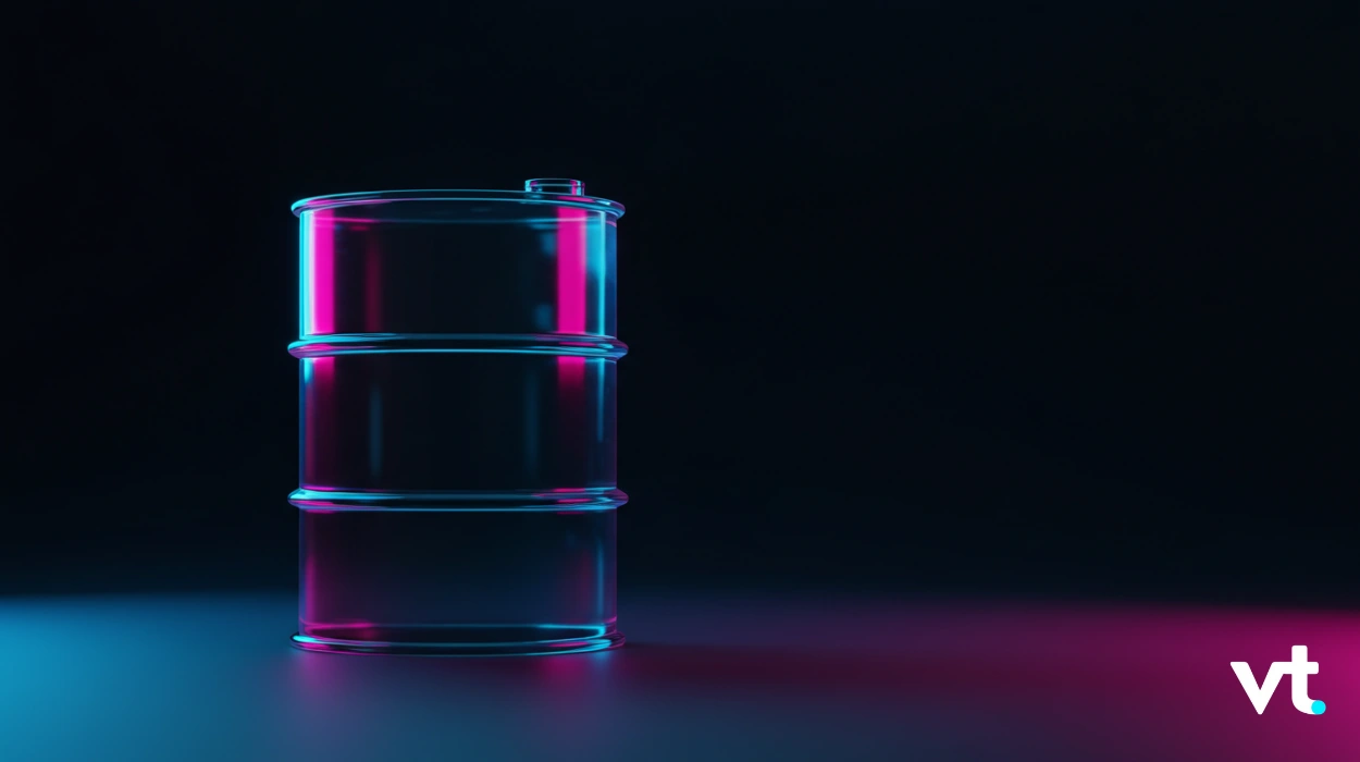 Neon-lit metal oil drum stacked in three sections on a dark background with pink and blue reflections.