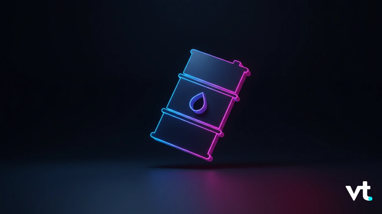 Neon blue-pink outline of an oil barrel with a droplet, floating over a dark gradient background; VT logo in bottom-right.