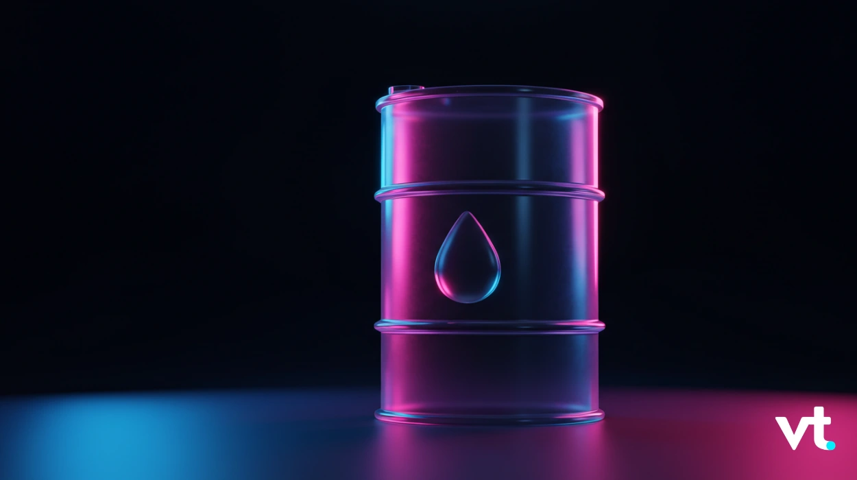 Neon-lit metal oil drum with a droplet emblem, pink and blue lighting against a dark background (VT logo bottom right).