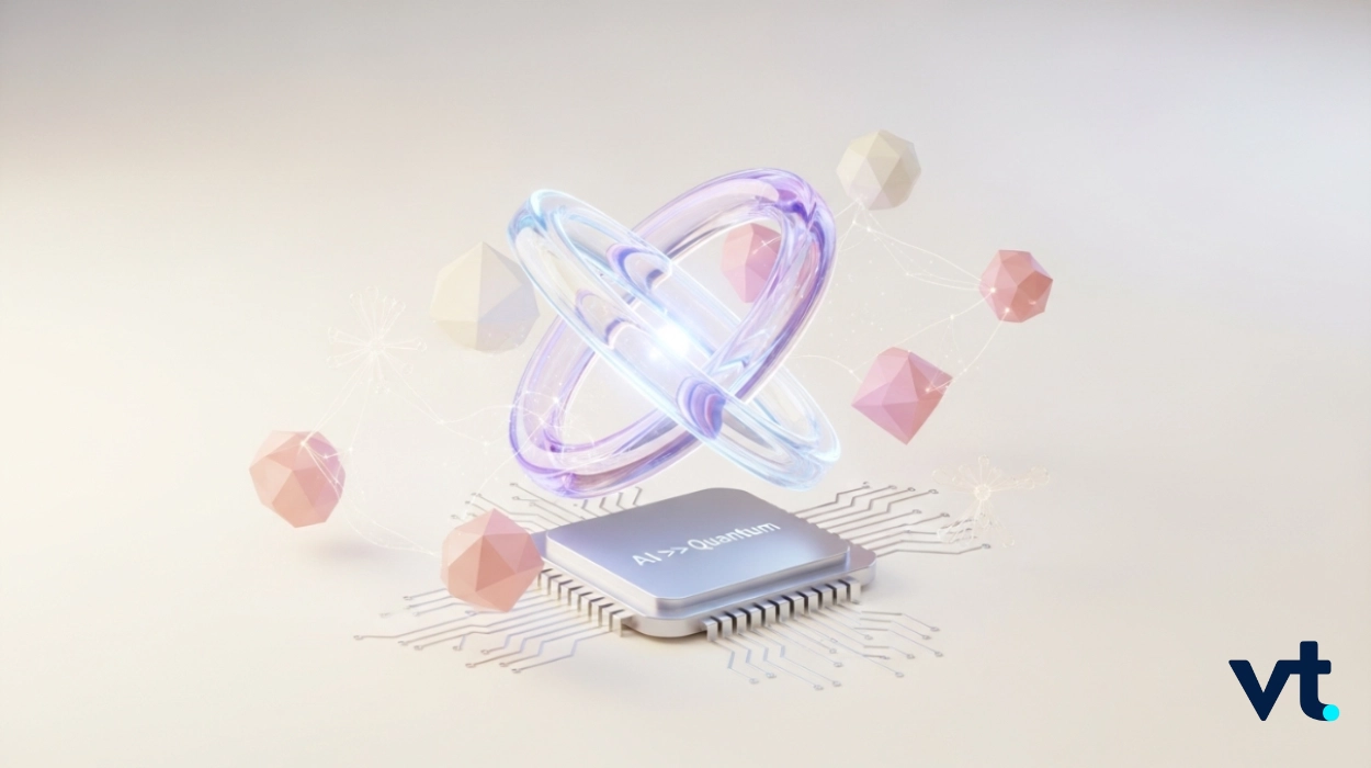 Futuristic microchip labeled 'AI → Quantum' with glowing translucent rings and floating pink and beige polyhedron shapes, VT logo in the corner.