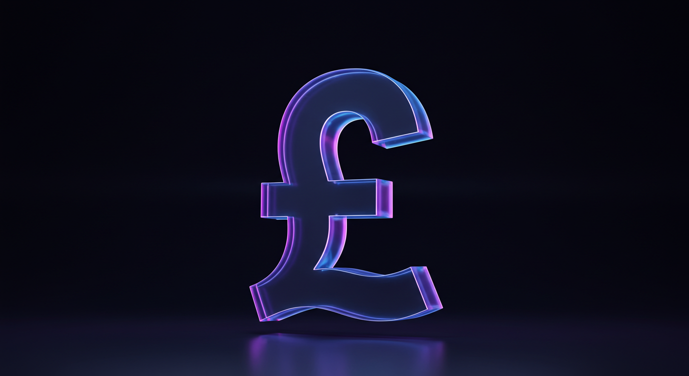 Neon blue-pink 3D pound sterling symbol glowing on a dark background