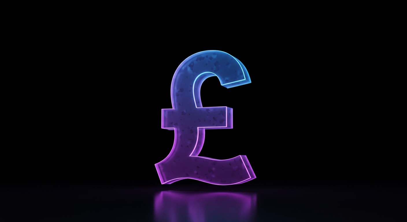 Neon 3D British pound symbol (£) glowing in blue and purple on a dark background with a reflective surface