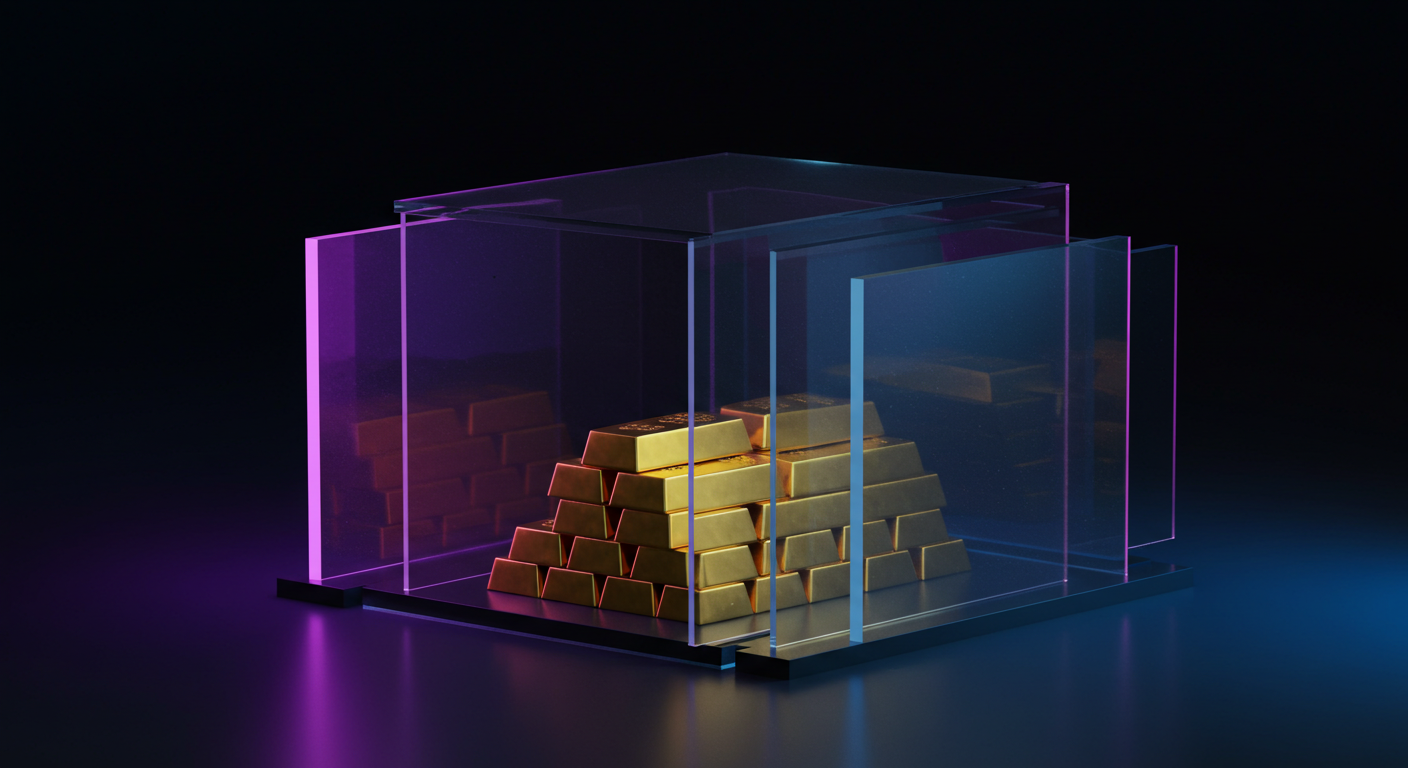 Stacked gold bars inside a transparent glass display case illuminated by purple and blue neon light against a dark background.