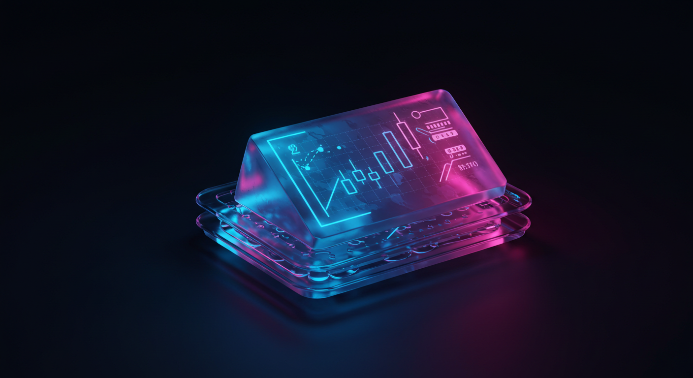 Neon-lit transparent chip or prism displaying a blue and pink holographic financial chart on a dark background, with stacked glass-like layers underneath.