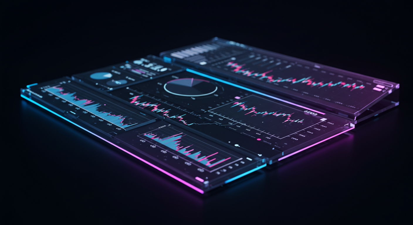 Futuristic transparent dashboards displaying colorful charts and graphs with neon blue and pink lighting on a dark surface.