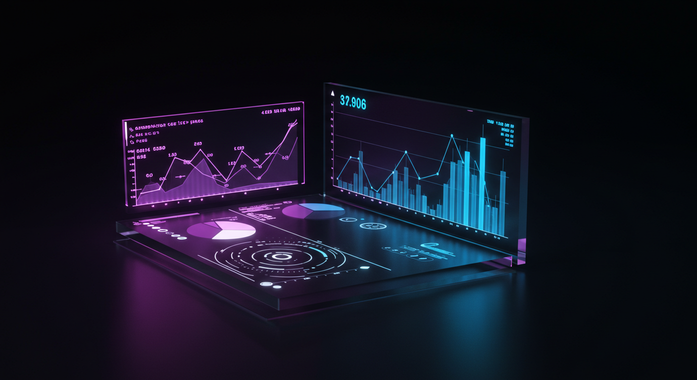 Futuristic holographic data dashboards showing line charts and bar graphs in purple and blue projected from a glass desk.