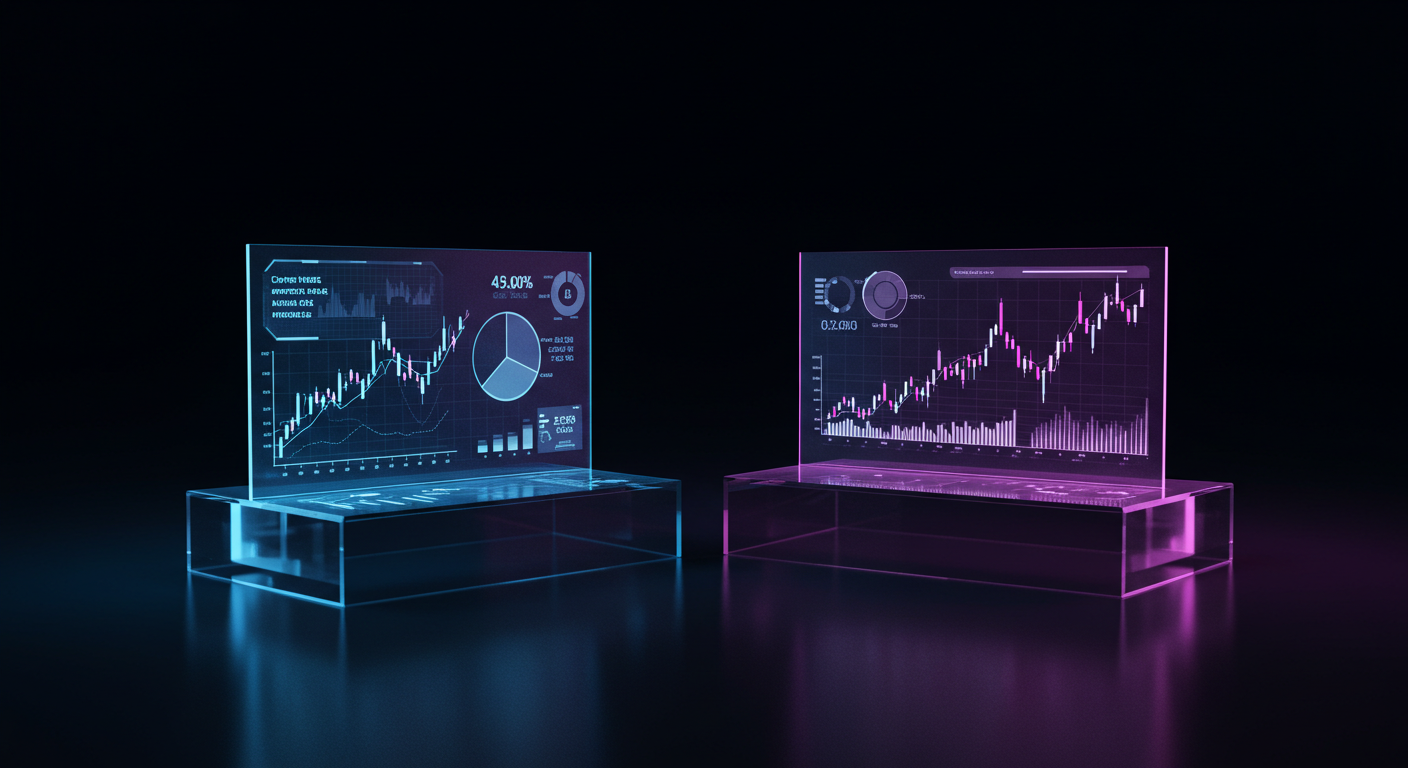 Two holographic data panels on clear bases, one blue and one pink, showing stock charts and metrics in a dark room.