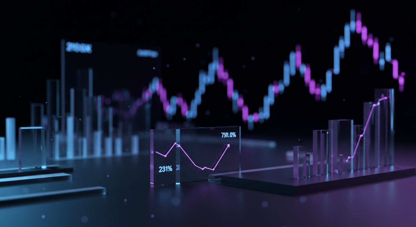Abstract 3D financial dashboard with glowing blue and purple bar charts and a purple line graph against a dark background.
