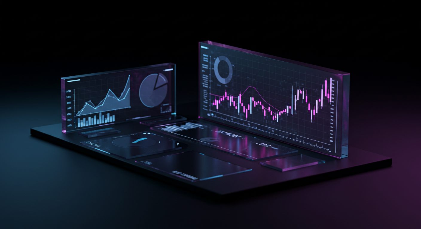 Futuristic holographic financial dashboards with line charts, a pie chart, and bar graphs on a dark desk.