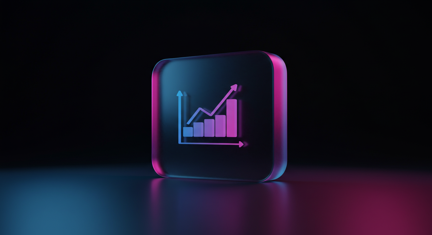 Neon-glow square icon showing a rising bar chart with an upward-arrow line, symbolizing analytics growth on a dark background.