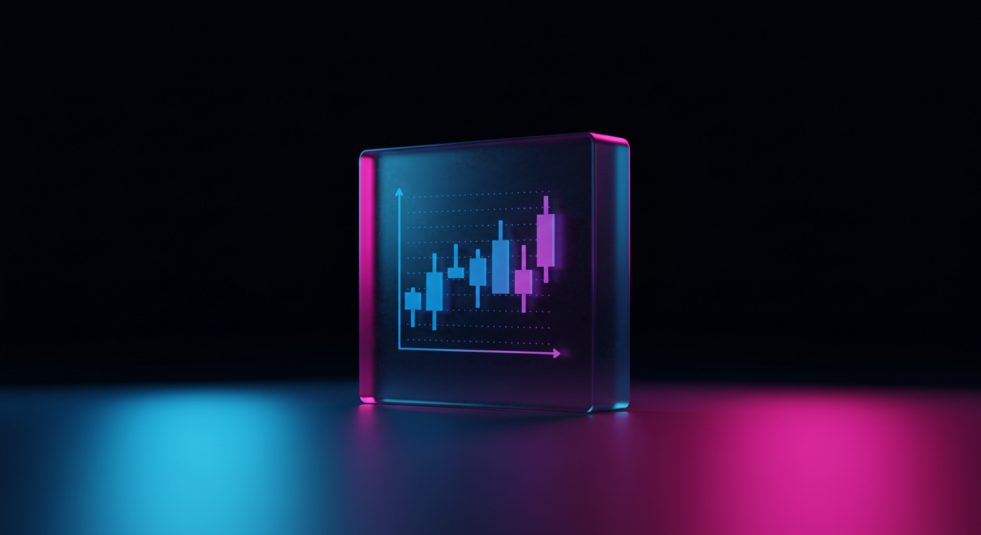Neon-lit glass cube displaying a blue and pink candlestick chart, set against a dark background.