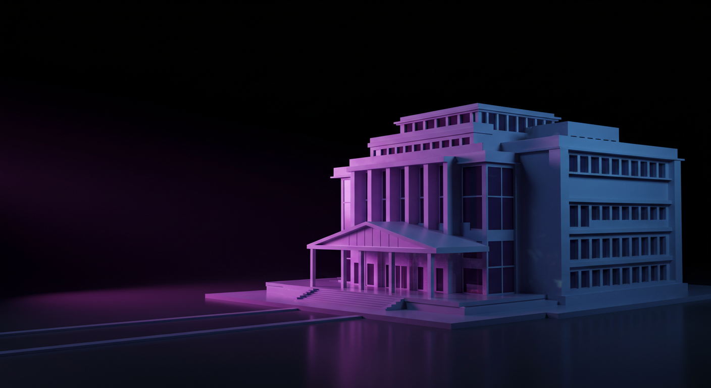 3D-rendered modern multi-story building on a platform, illuminated with purple and blue neon lights against a dark background.