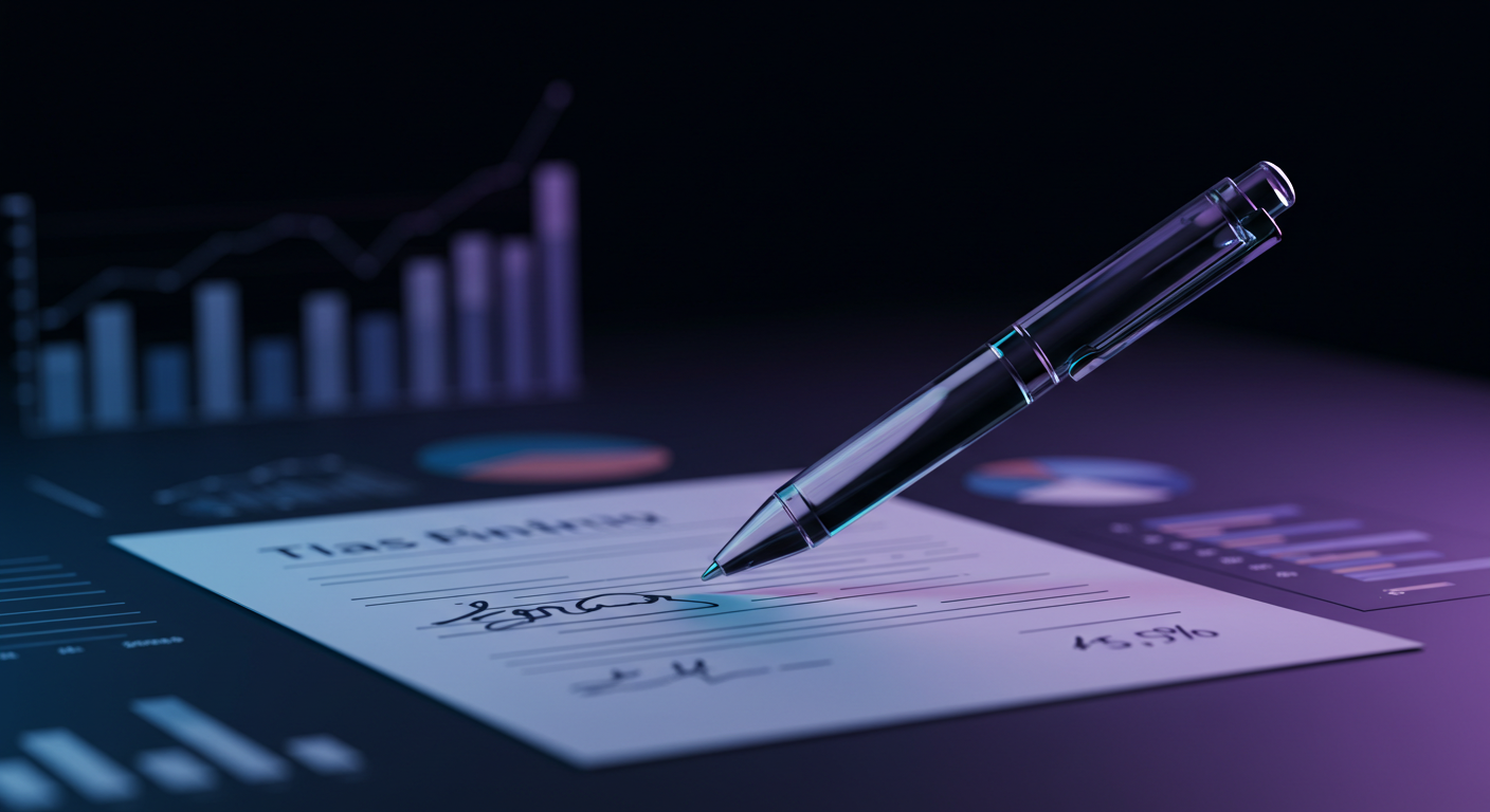 Close-up of a glass pen signing a document on a desk, with data charts visible in the blurred background.