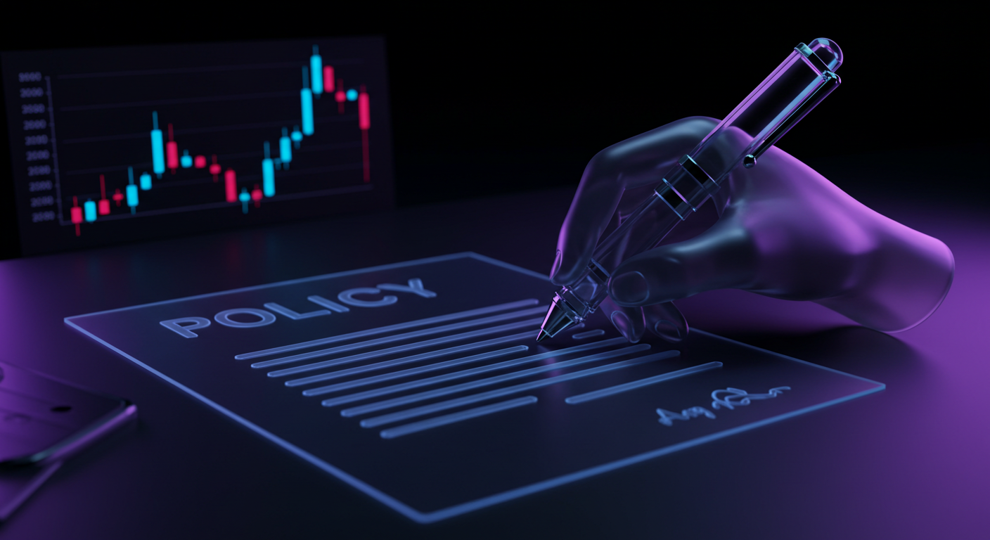 Transparent glass hand signs a document labeled POLICY with a glowing signature line, neon purple lighting, and a stock chart on a screen in the background.
