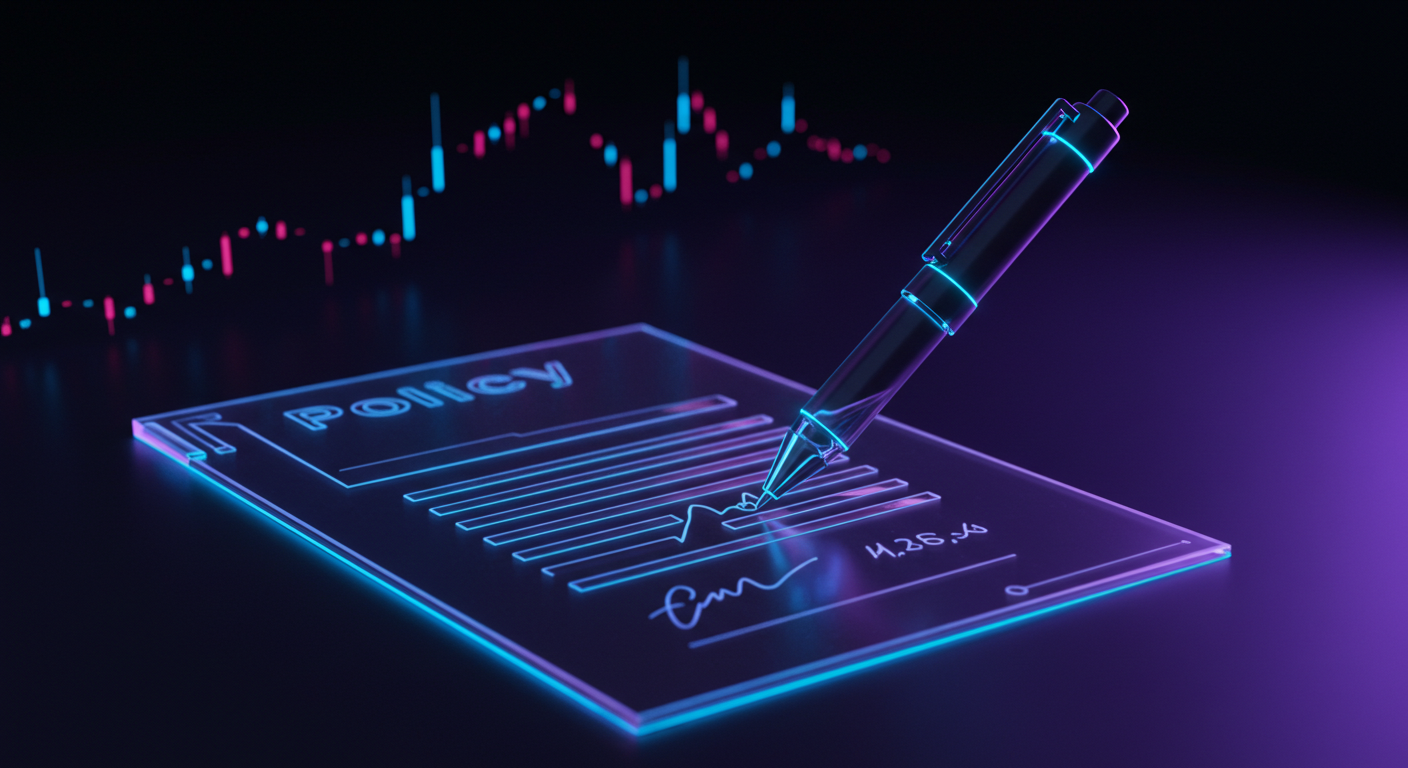 Neon-styled policy document being signed with a fountain pen, chart lines in the background suggesting market policy.