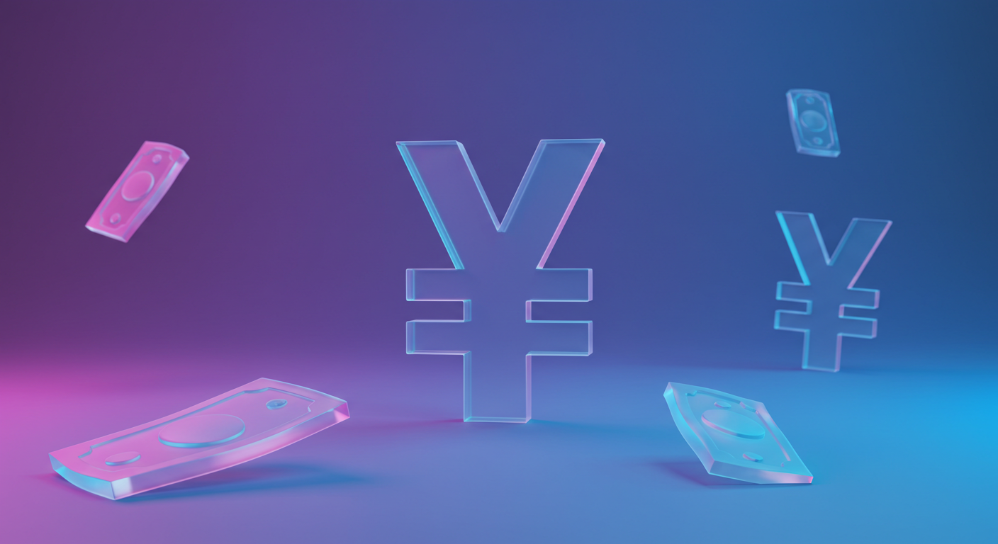 Neon 3D yen symbols (¥) with floating pink and blue banknotes in a gradient ambient scene.